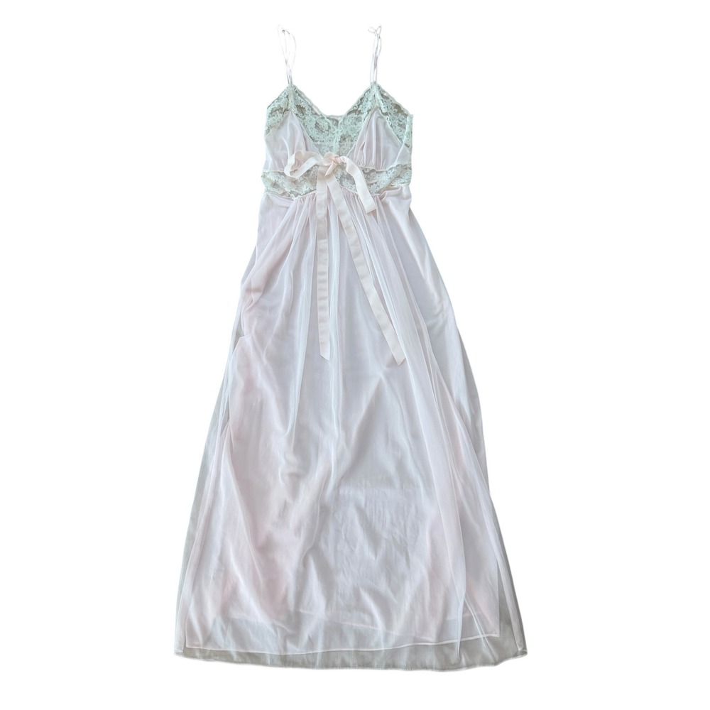 Seamprufe Vintage Lace Nightgown Nylon Maxi Slip Dress 36 Pink 1960 babydoll bow